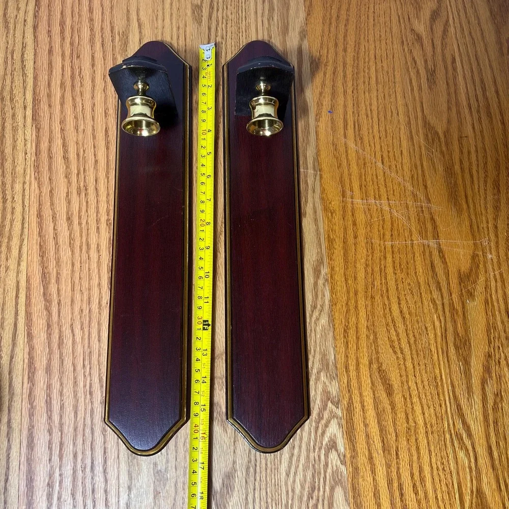 Vintage Pair Wood & Brass Wall Candle Sconces Federal Colonial Traditional Decor
